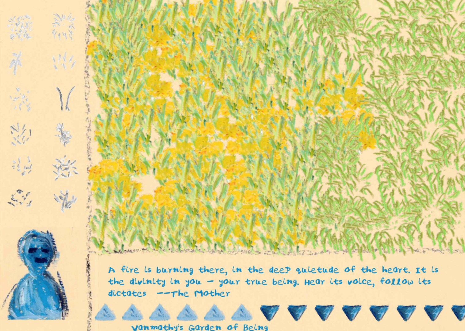 A dense garden of yellow and green, drawn in oil pastel