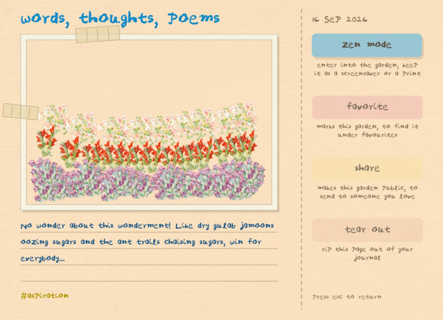 A journal page holding a pastel garden of purple, red and white flowers, with a handwritten note beneath it